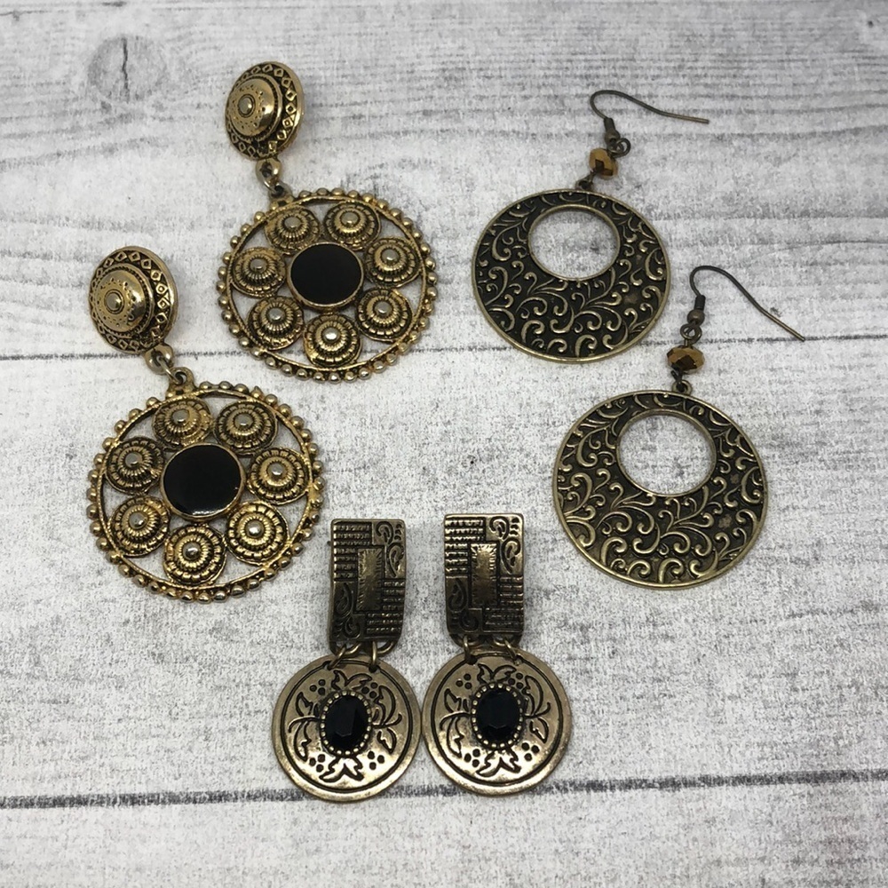 Curated bundle lot 3 antiqued brass boho dressy statement dangle drop earrings.